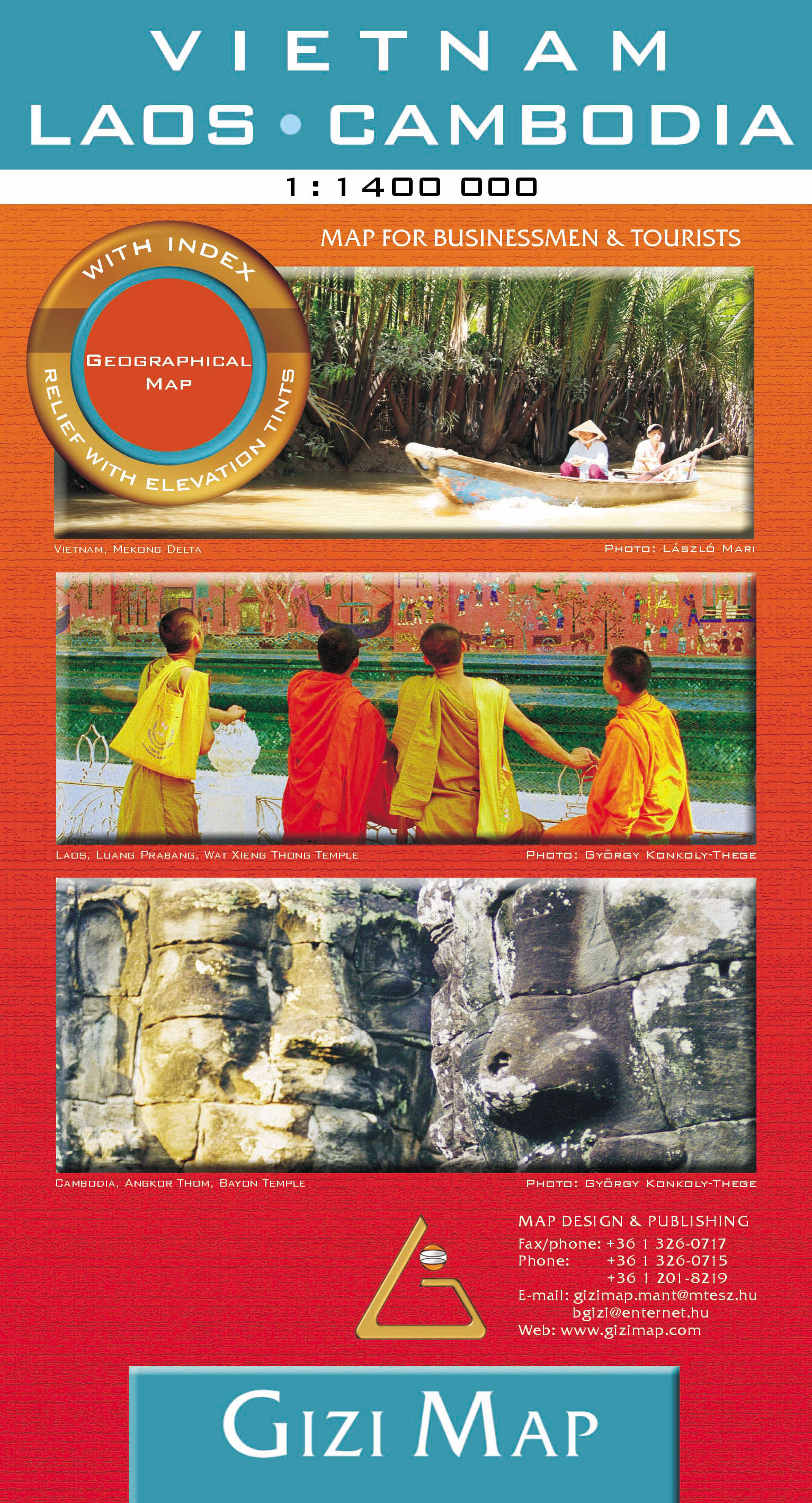 Vietnam, Laos, Cambodia road map with geographical colouring and tourist info. Fully indexed