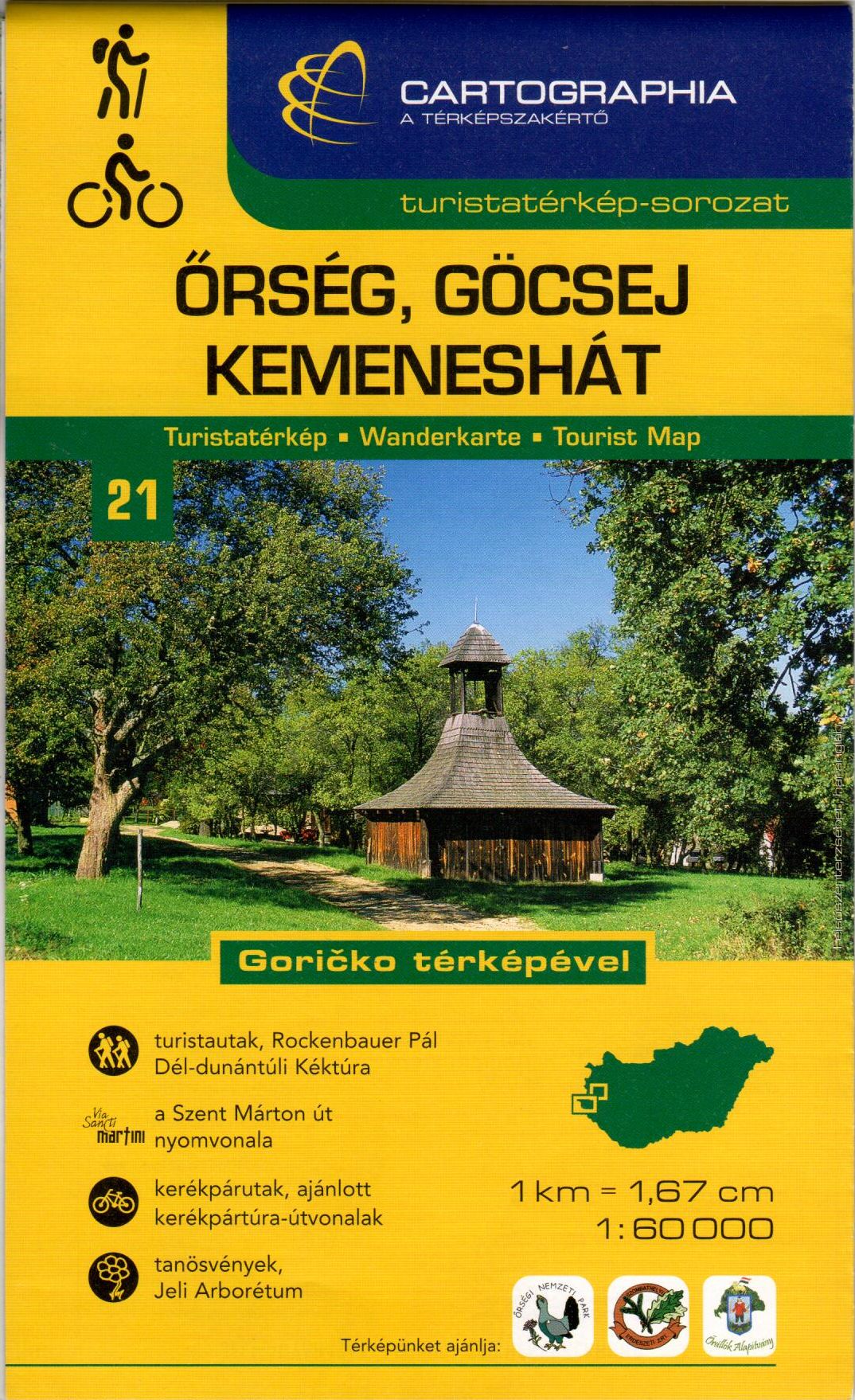 Two sided tourist map. Kemeneshát is on one side, and Őrség-Göcsej on the back of the map