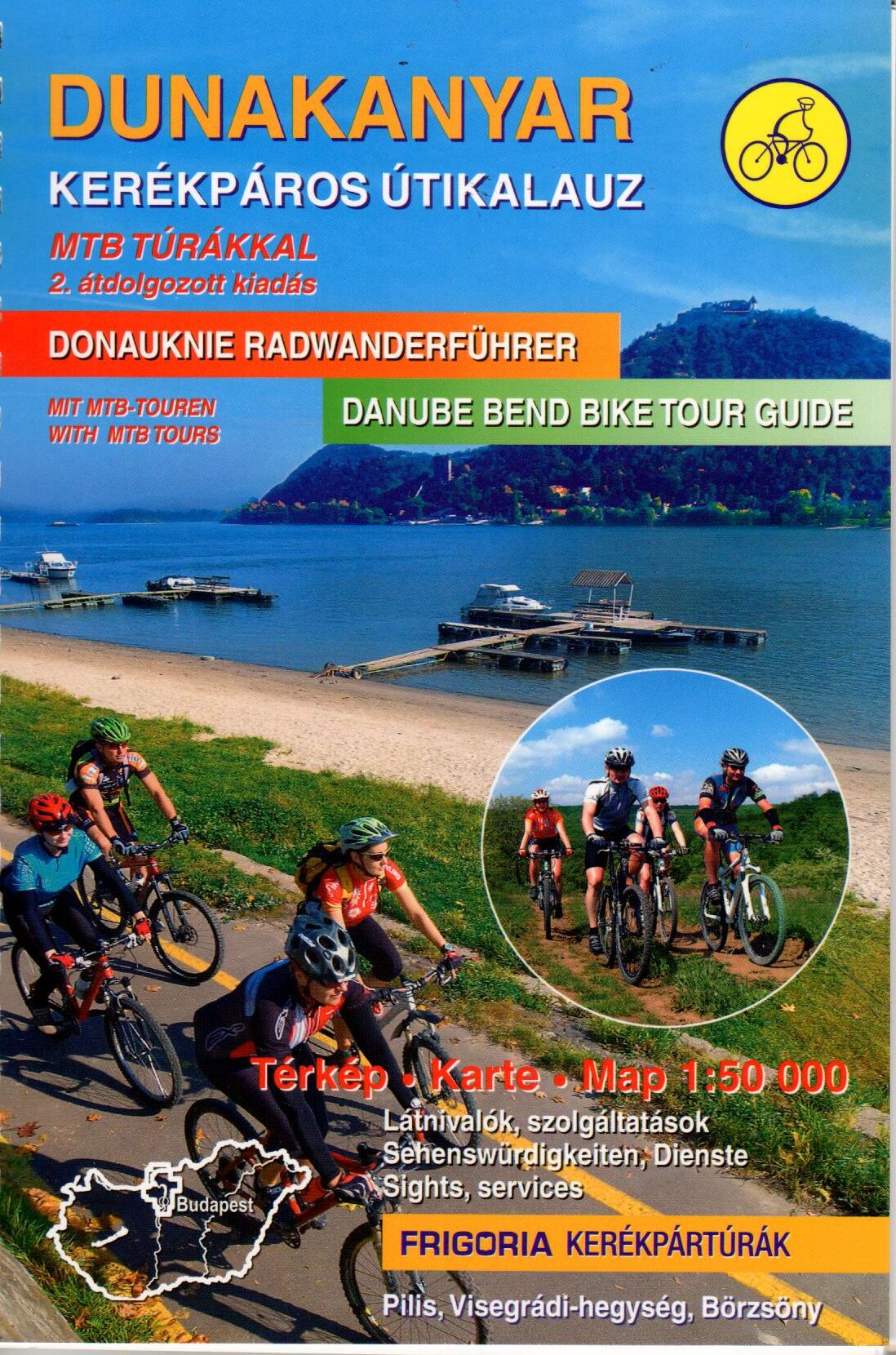 Danube bend (Pilis, Börzsöny, Naszály) biking atlas with spiral binding. Text in English and German, the legend includes alo Dutch explanations.