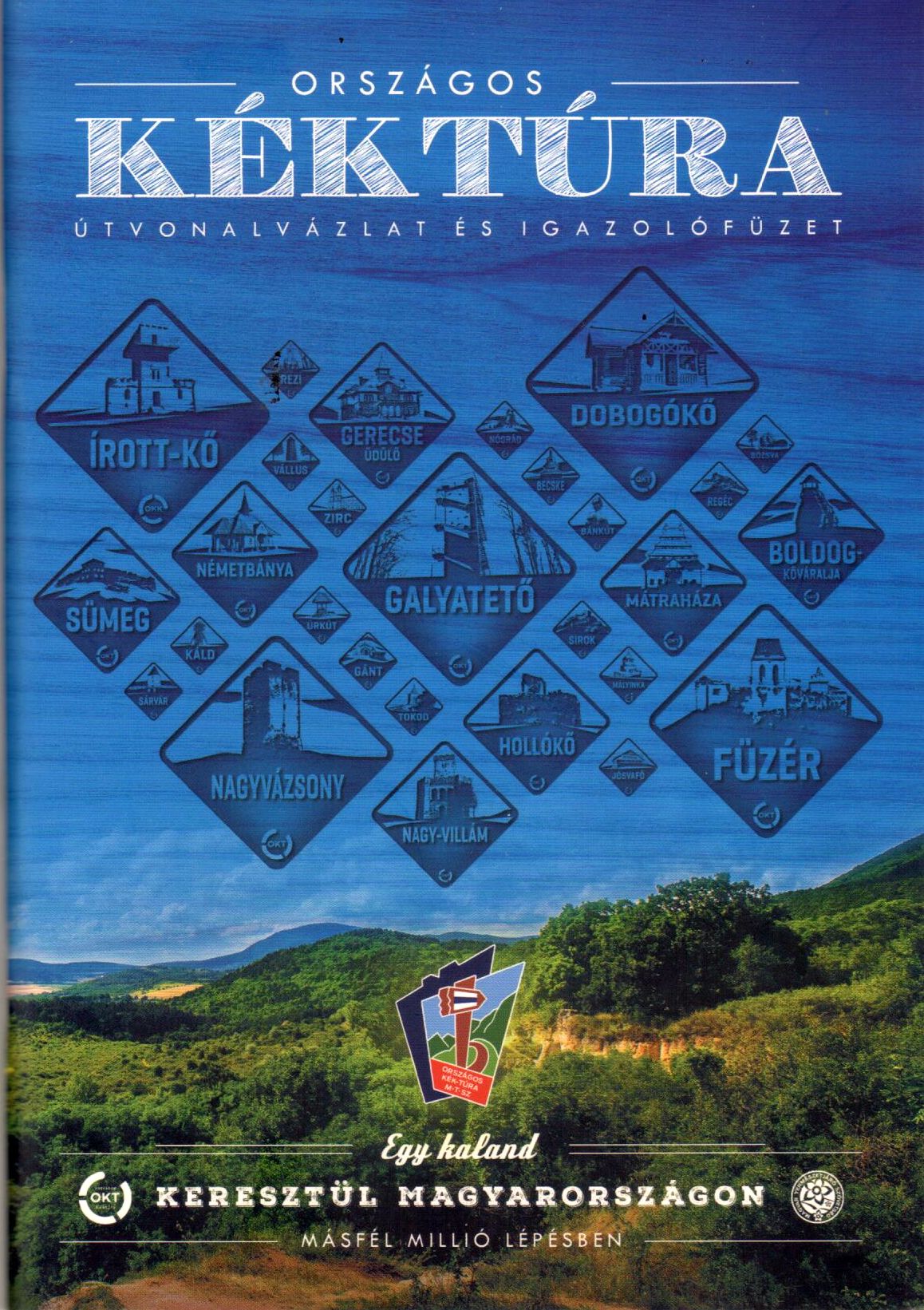 National (blue) hiking route control points with map sketches in Hungarian language