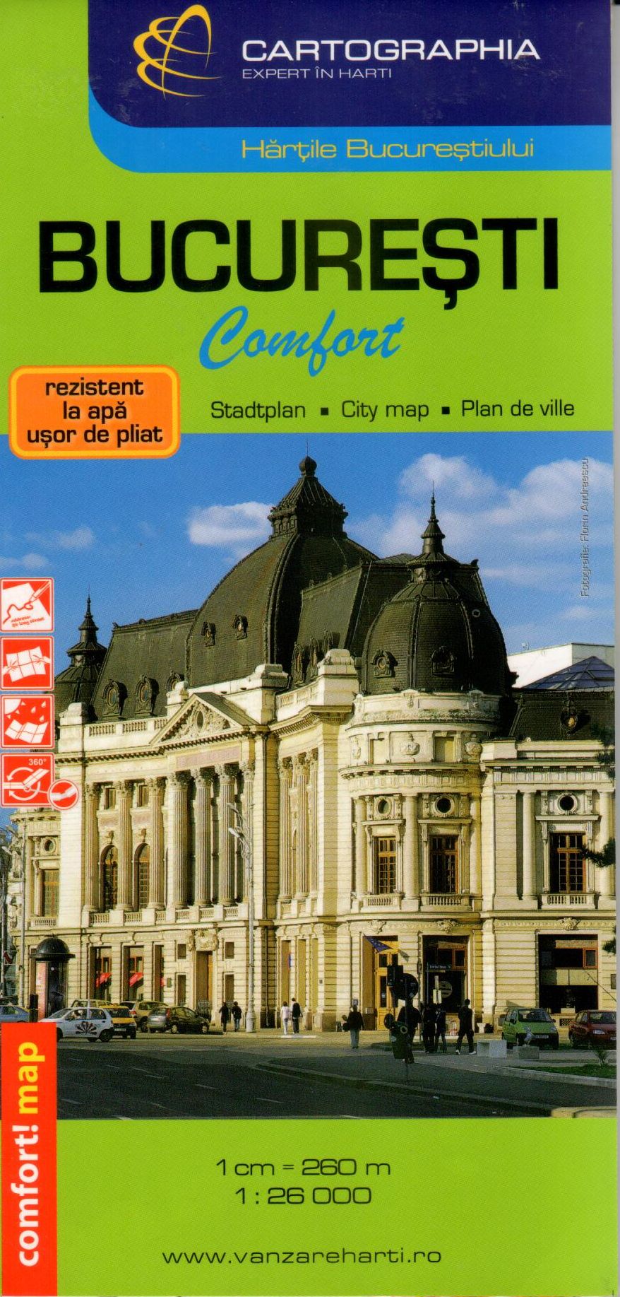 Easy to fold and waterproof laminated map Bucuresti comfort with street index and sights