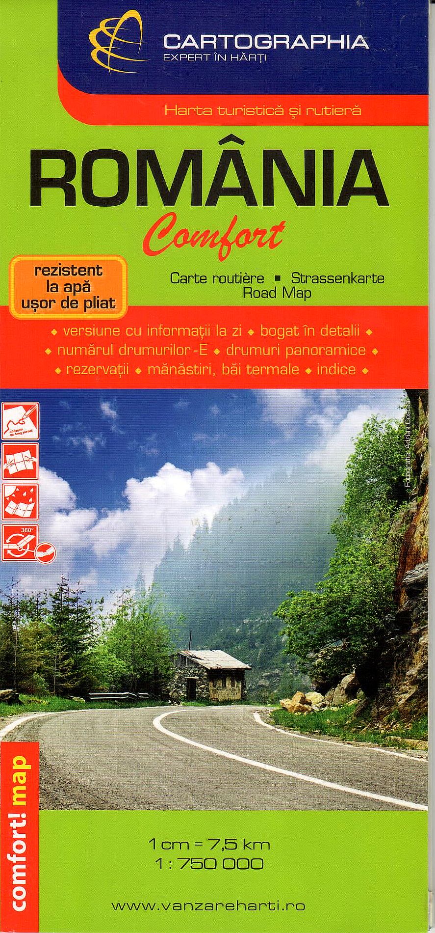  Easy to fold, laminated road map of Romania comfort with index and sights