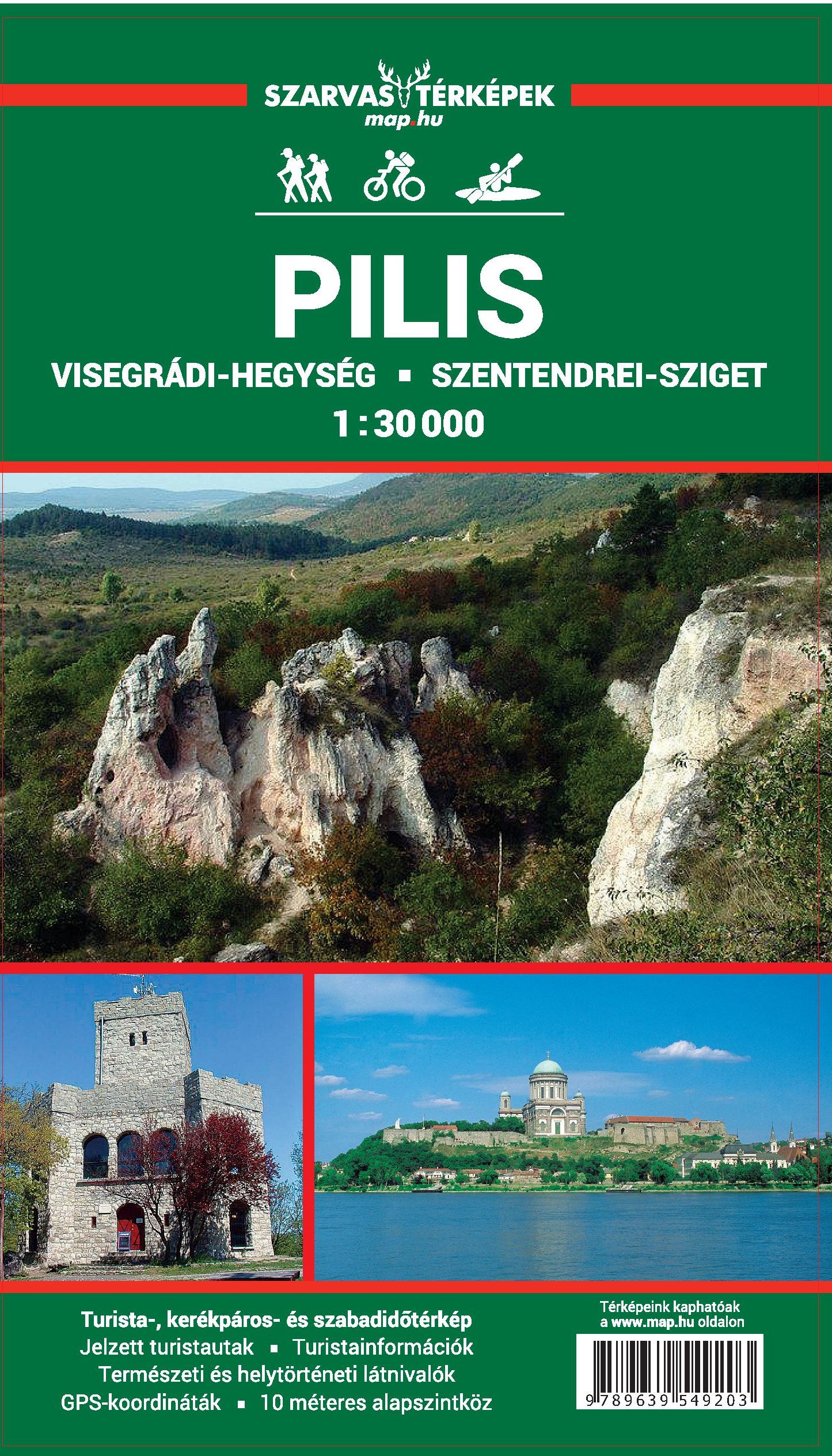 Detailed walking and biking info, GPS co-ordinates. Mini tourist guide with leisure time tips. Inset maps of Esztergom, 1.15.000, Szentendre 1.10.000, Visegrad 1:15.000.