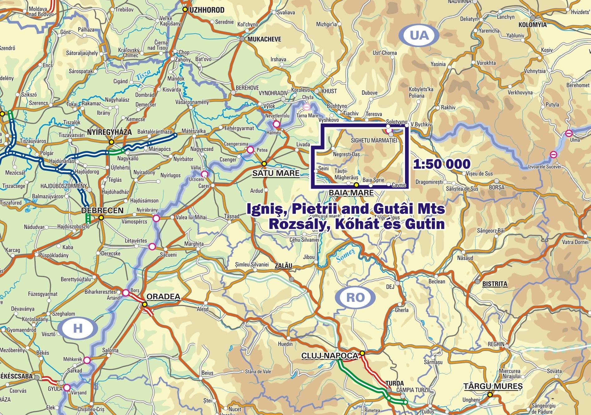 Ignis, Pietrii and Gutai Mountains on the map