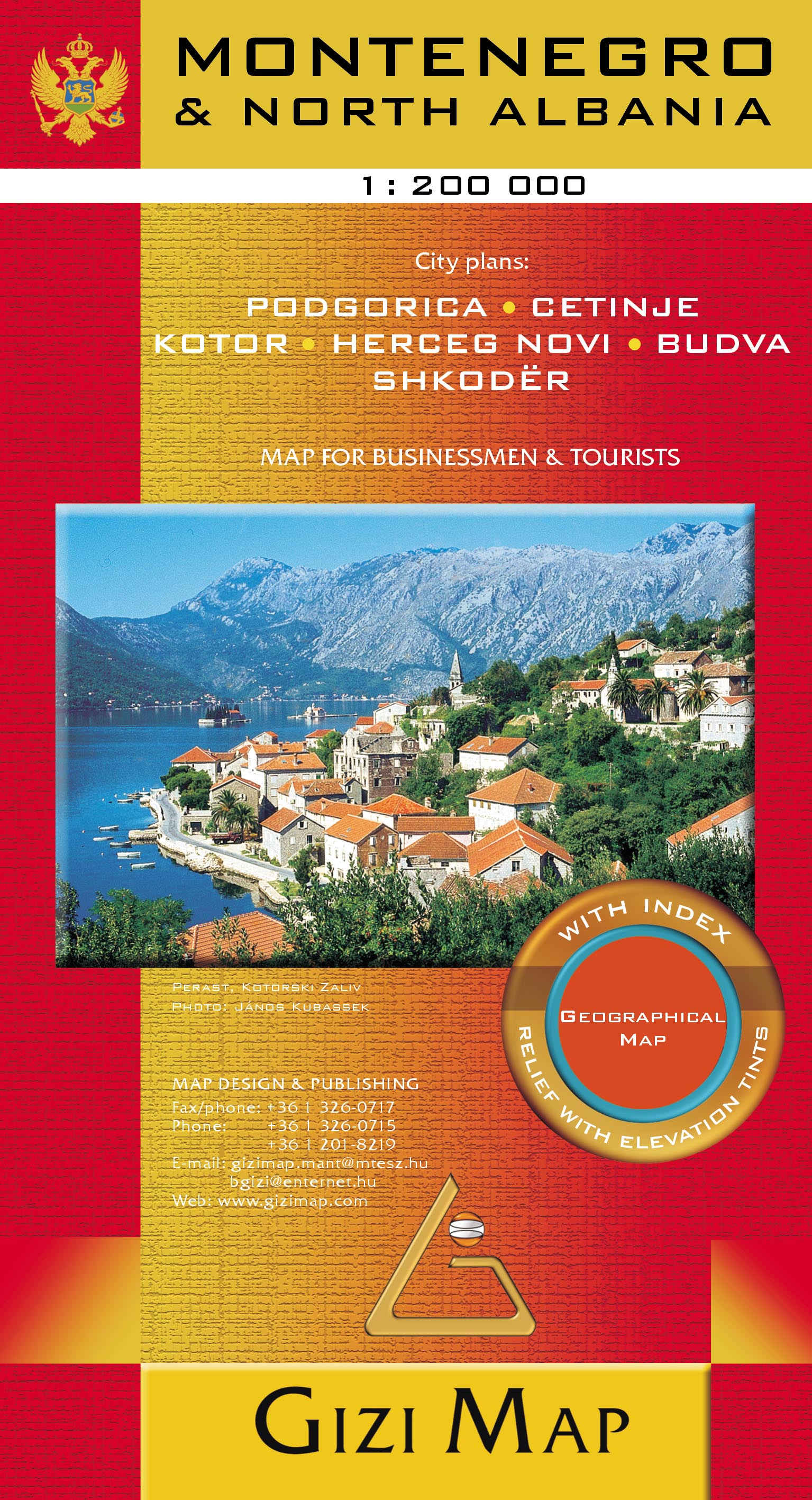 Részletes autótérkép domborzati színezéssel, névjegyzékkel, várostérképekkel (Podgorica, Budva, Cetinje, Kotor, Herceg Novi, Shkoder)