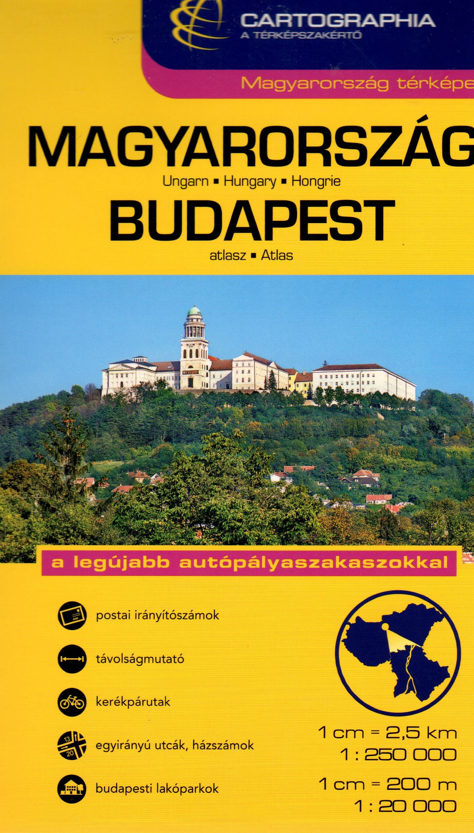  Két kiadvány egy kötetben: Magyarország autóatlasz 1.250.000 névmutatóval+ Budapest városatlasz 1:20.000 utcajegyzékkel.