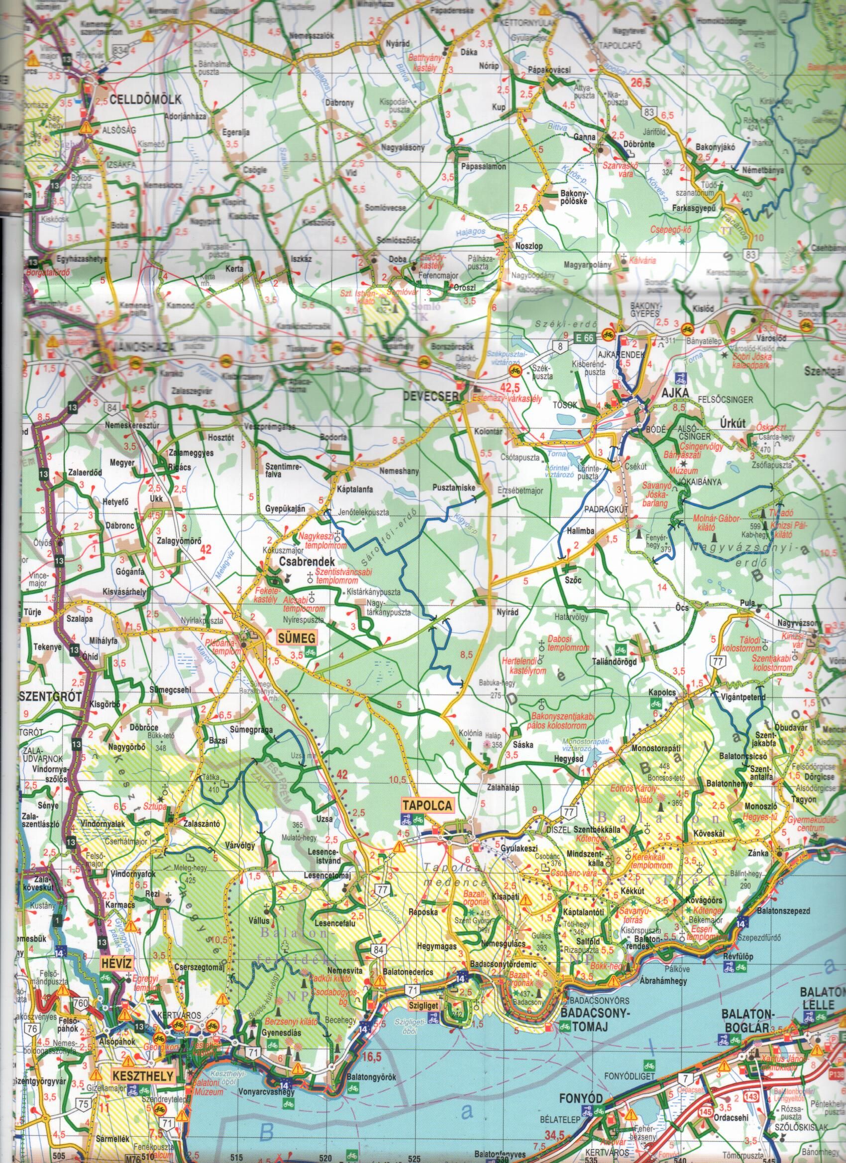 Magyarország biciklis útvonaltervező térképes mintaoldal (Tapolca)
