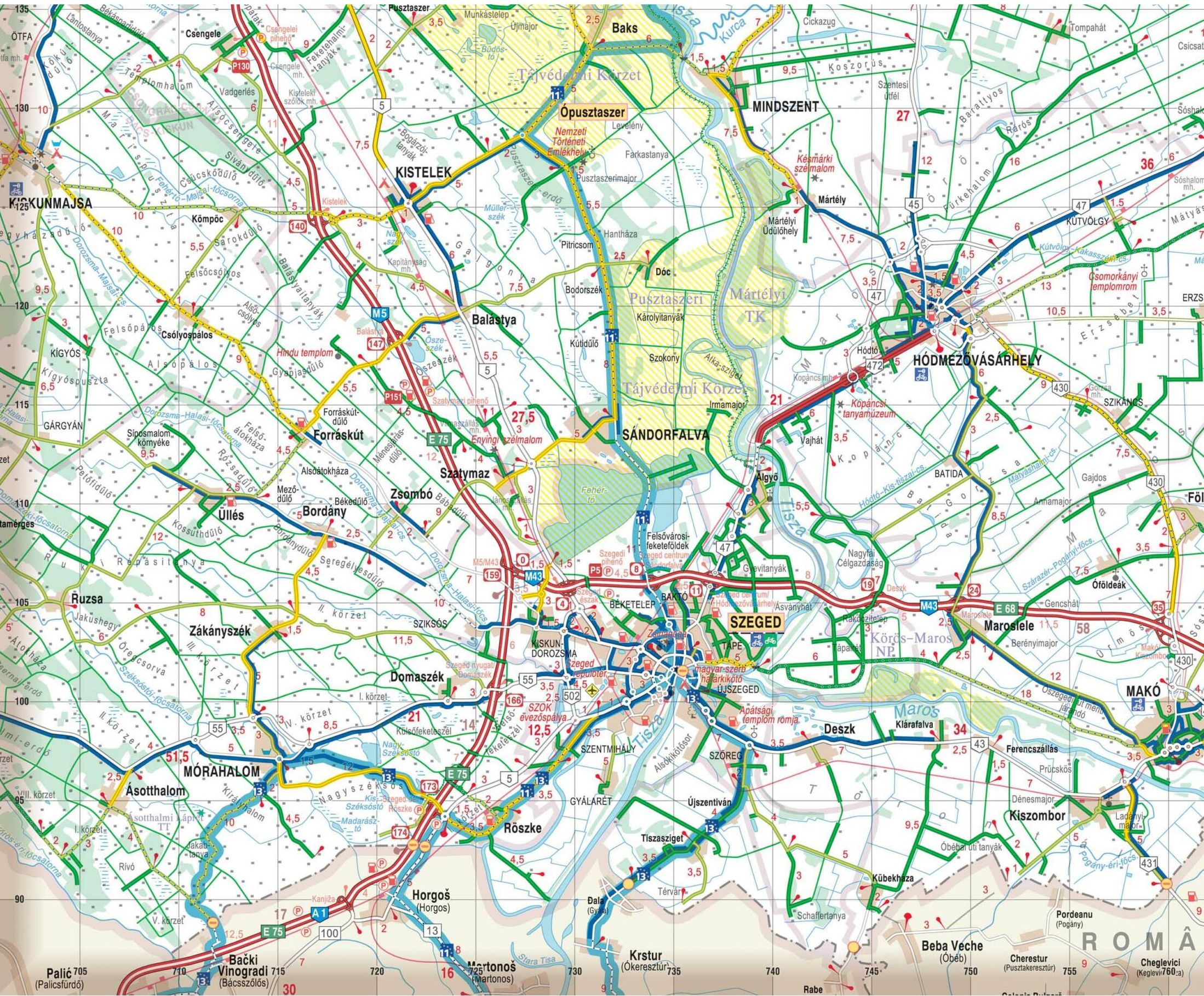 Magyarország biciklis útvonaltervező térképes mintaoldal (Szeged)
